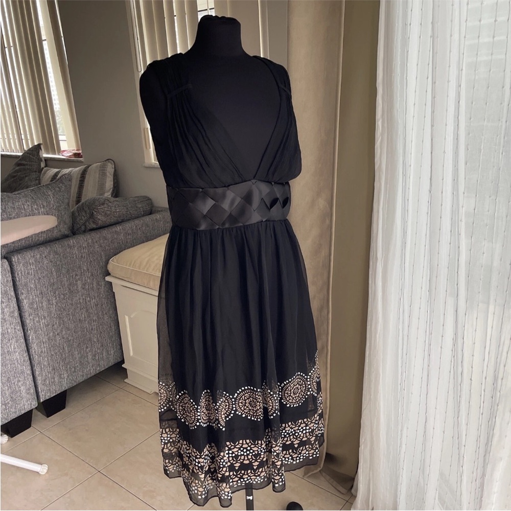 Walter  Black silk chiffon Midi Dress satin waist v neck 10